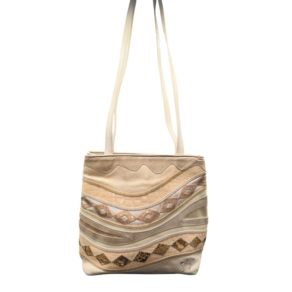 Acanta by Sharif Leather Patchwork Tote Exotic Embossed Vintage Boho Bag